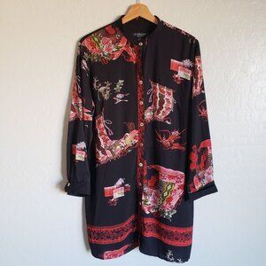 Citron Santa Monica Asian Print Button Up Tunic Top Black/Red Large Long Sleeves